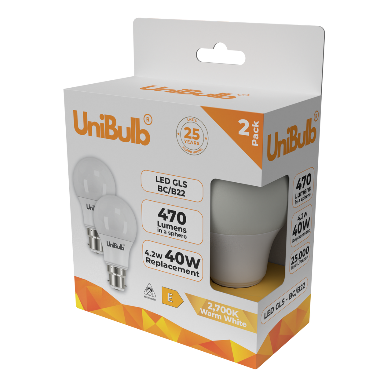UniBulb LED GLS B22 470lm 4.2W 2700K (Warm White) Light Bulb - Pack of 2 bulb side