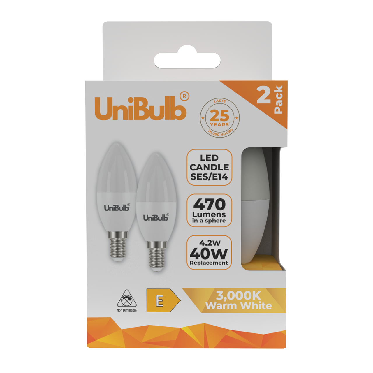 UniBulb LED Candle E14 (SES) 470lm 4.2W 3000K (Warm White)  - Pack of 2 front