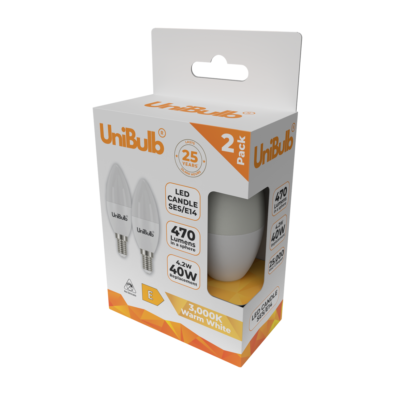 UniBulb LED Candle E14 (SES) 470lm 4.2W 3000K (Warm White)  - Pack of 2 side