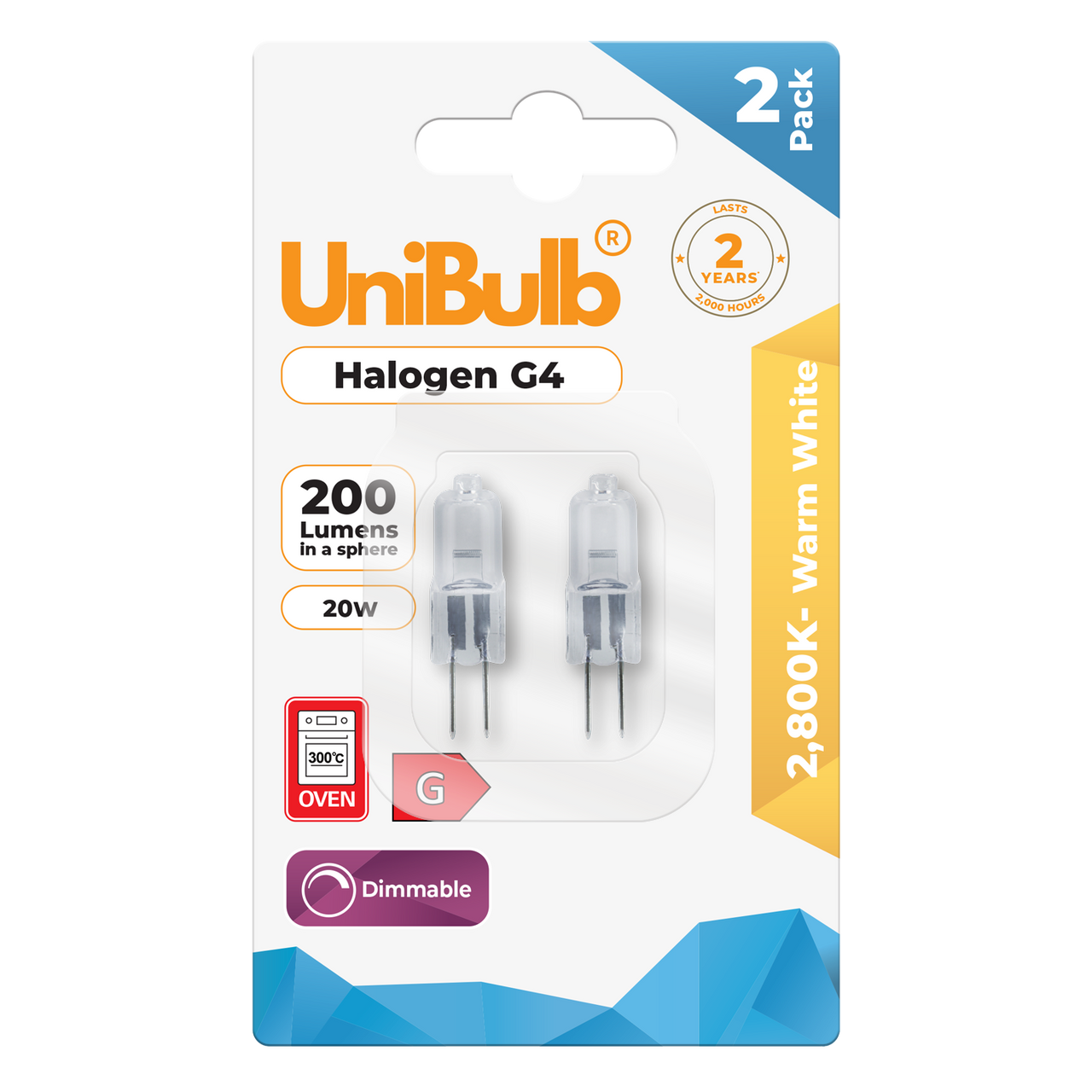 UniBulb Halogen G4 Capsule 200lm 20W 2800K (Warm White) - Pack of 2