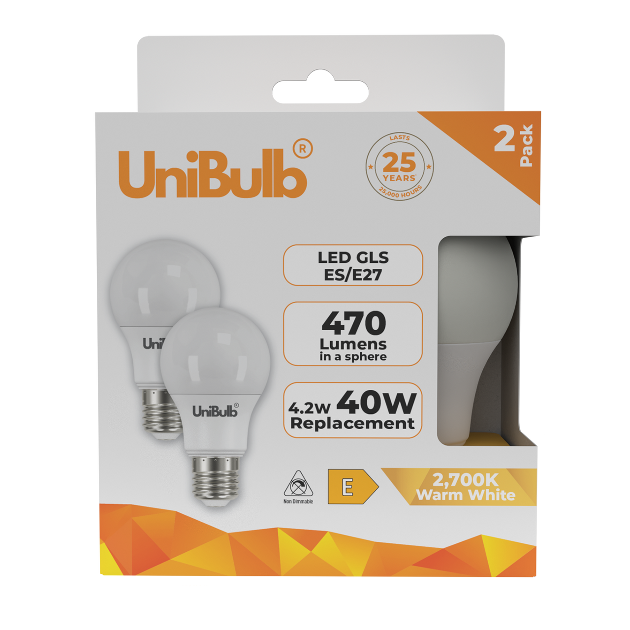 UniBulb LED GLS E27 470lm 4.2W 2700K (Warm White) Light Bulb - Pack of 2 bulb front