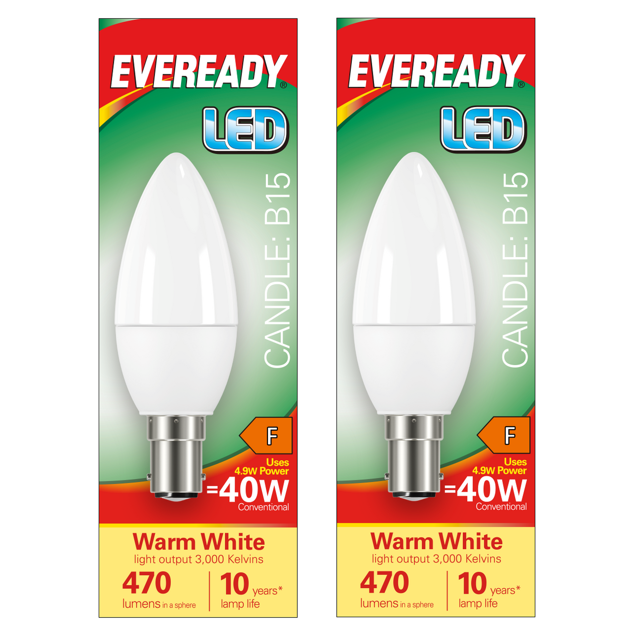 Eveready LED Candle Bulb B15 (SBC) 470lm 4.9W 3000K (Warm White) - Pack of 2