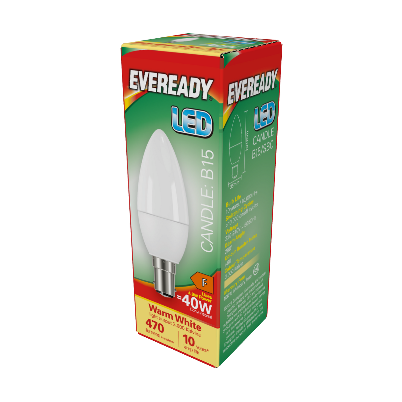 Eveready LED Candle Bulb B15 (SBC) 470lm 4.9W 3000K (Warm White) - Pack of 3
