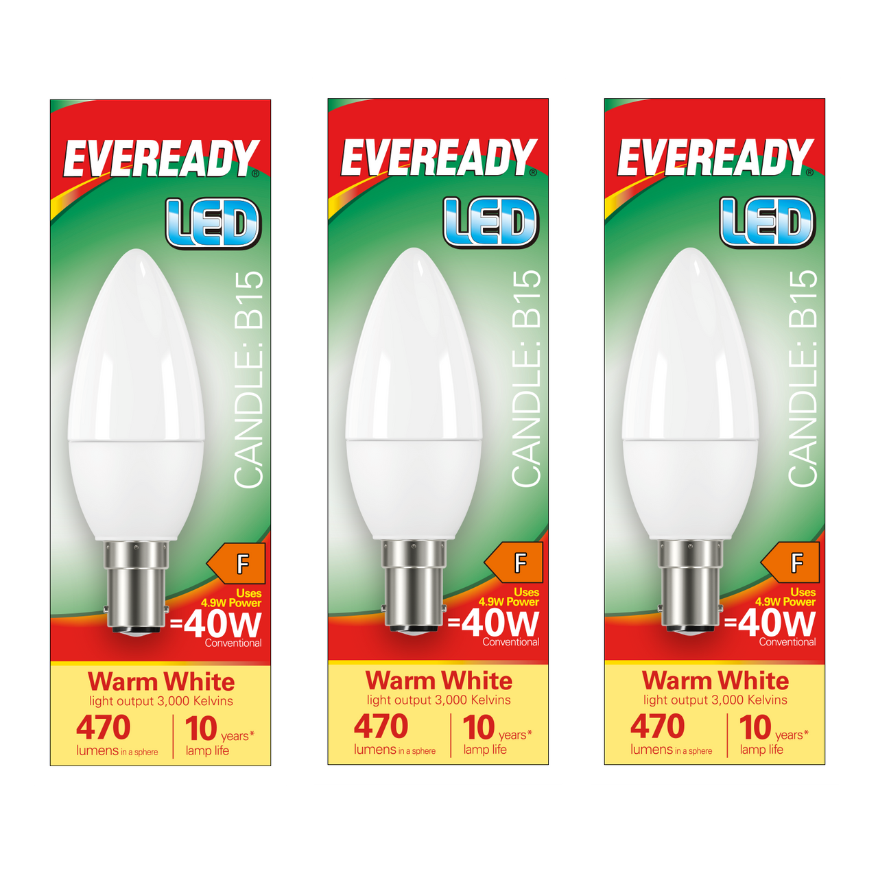 Eveready LED Candle Bulb B15 (SBC) 470lm 4.9W 3000K (Warm White) - Pack of 3