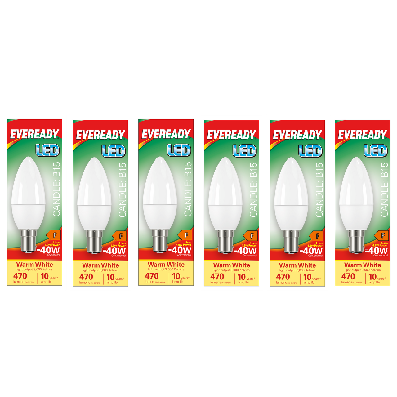 Eveready LED Candle Bulb B15 (SBC) 470lm 4.9W 3000K (Warm White) - Pack of 6