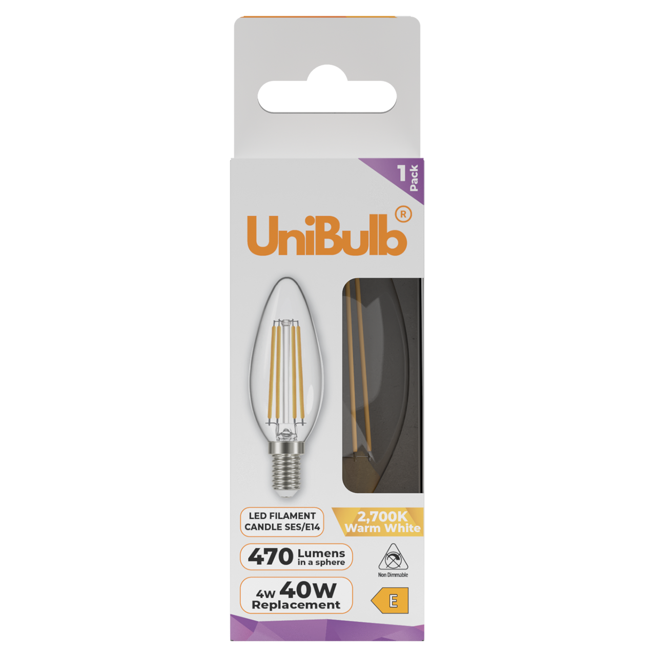 UniBulb LED Filament Candle E14 470lm 4W 2700K (Warm White) Light Bulb - Pack of 1