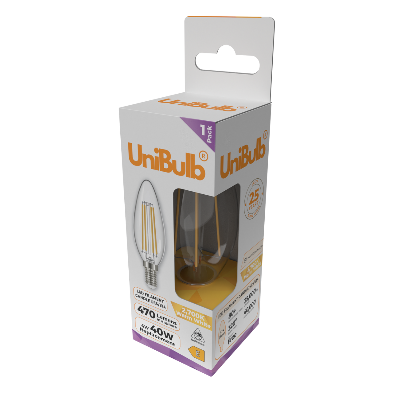 UniBulb LED Filament Candle E14 470lm 4W 2700K (Warm White) Light Bulb - Pack of 1