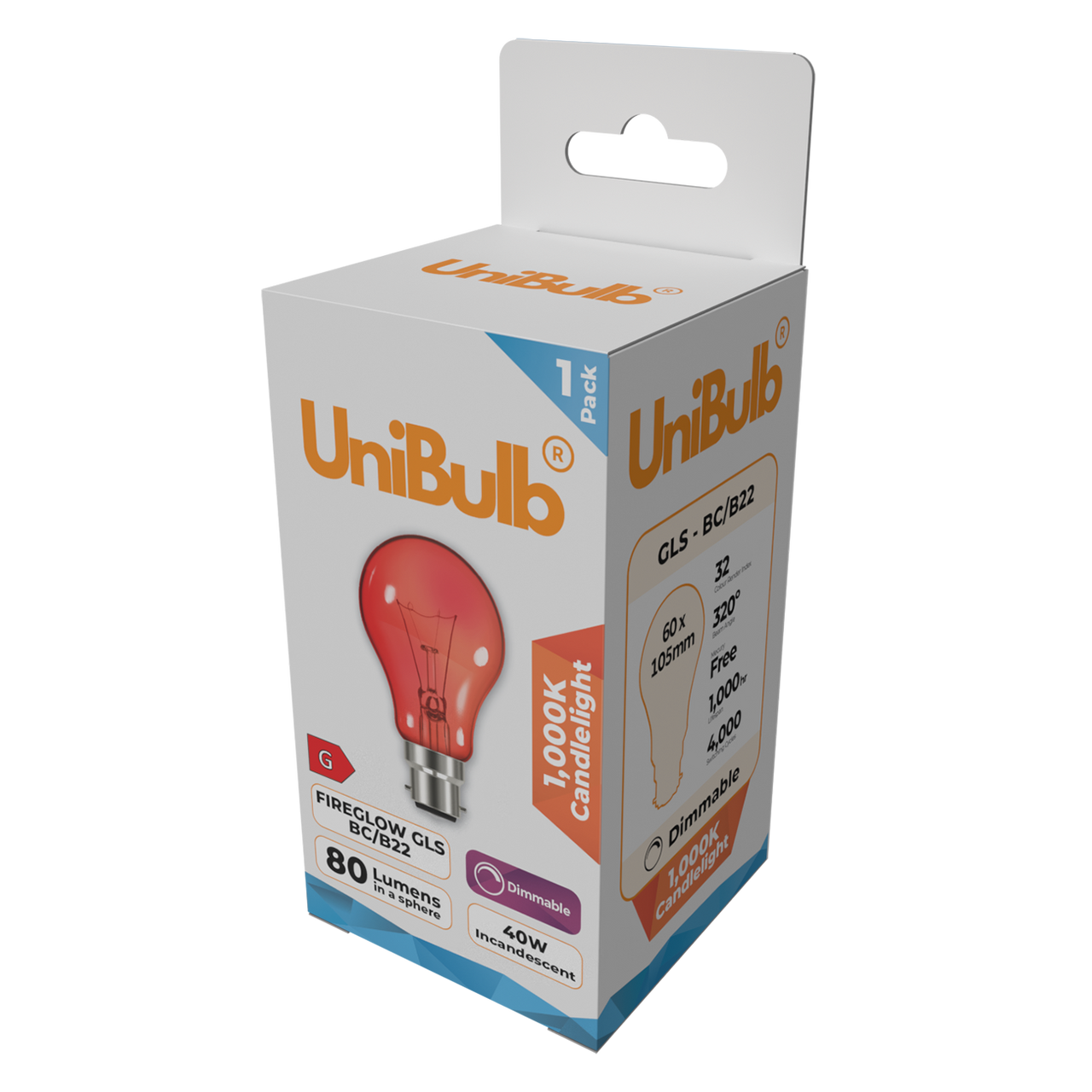 UniBulb B22 Fireglow Red Bulb 390lm 40W - Pack of 1 side