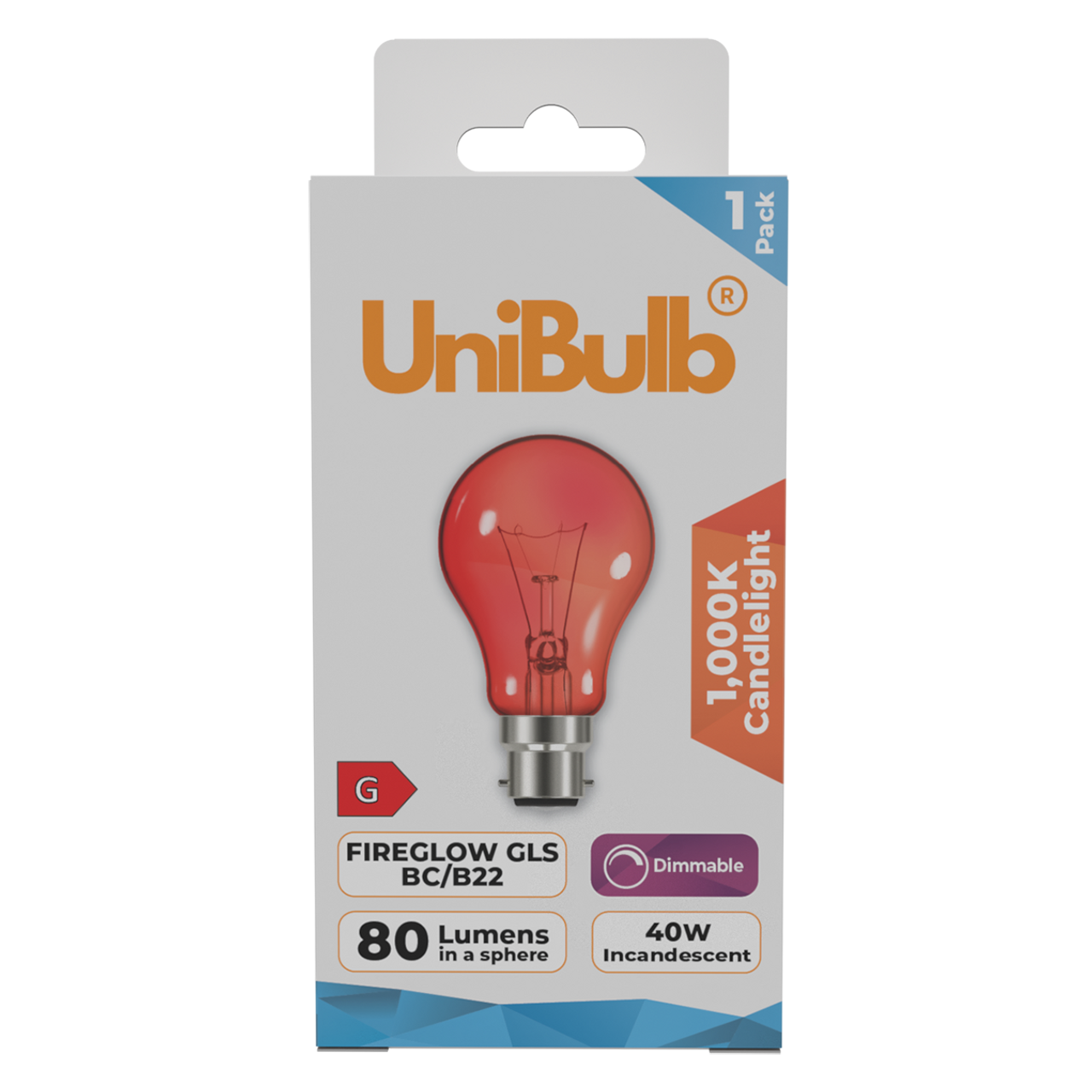 UniBulb B22 Fireglow Red Bulb 390lm 40W - Pack of 1 front
