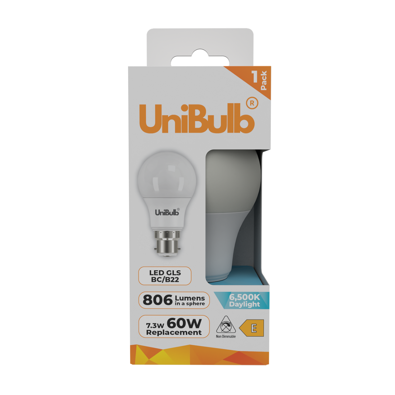 UniBulb LED GLS B22 806lm 7.3W 6500K (Daylight) Light Bulb - Pack of 1 front
