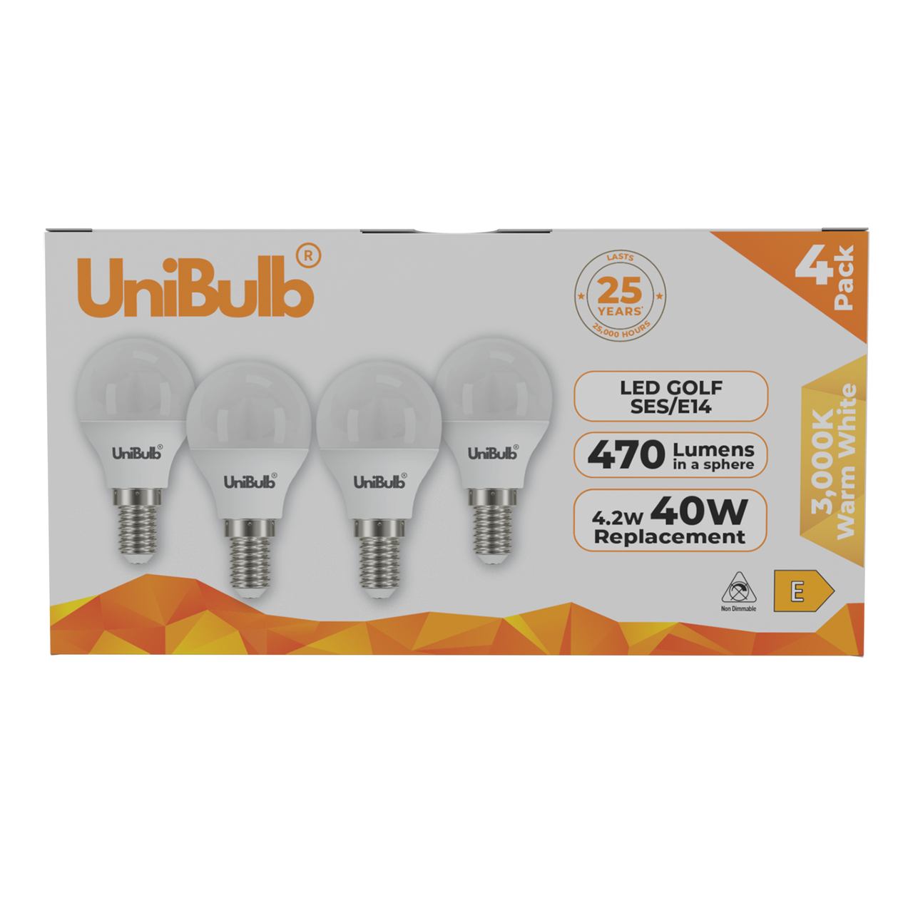 UniBulb LED Golf Ball E27 470lm 4.2W 2700K (Warm White) Light Bulb - Pack of 4 bulb