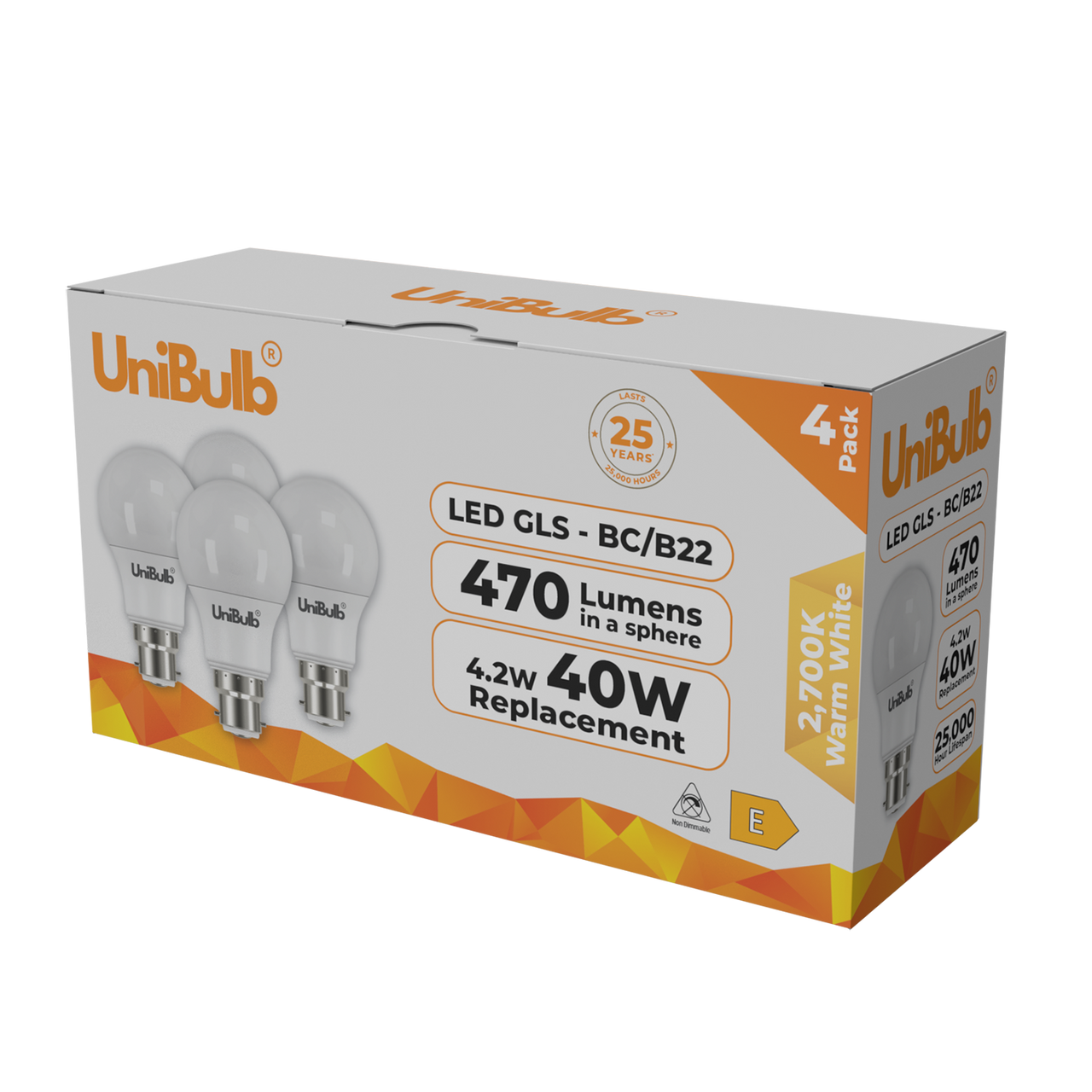 UniBulb LED GLS B22 470lm 4.2W 2700K (Warm White) Light Bulb - Pack of 4 bulb