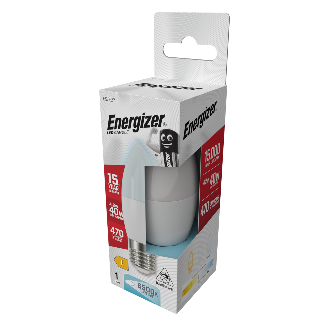 Energizer LED Candle E27 (ES) 470lm 4.2W 6500K (Daylight) Light Bulb - Pack of 1 side Energizer LED Candle E27 (ES) 470lm 4.2W 6500K (Daylight) Light Bulb - Pack of 1 side