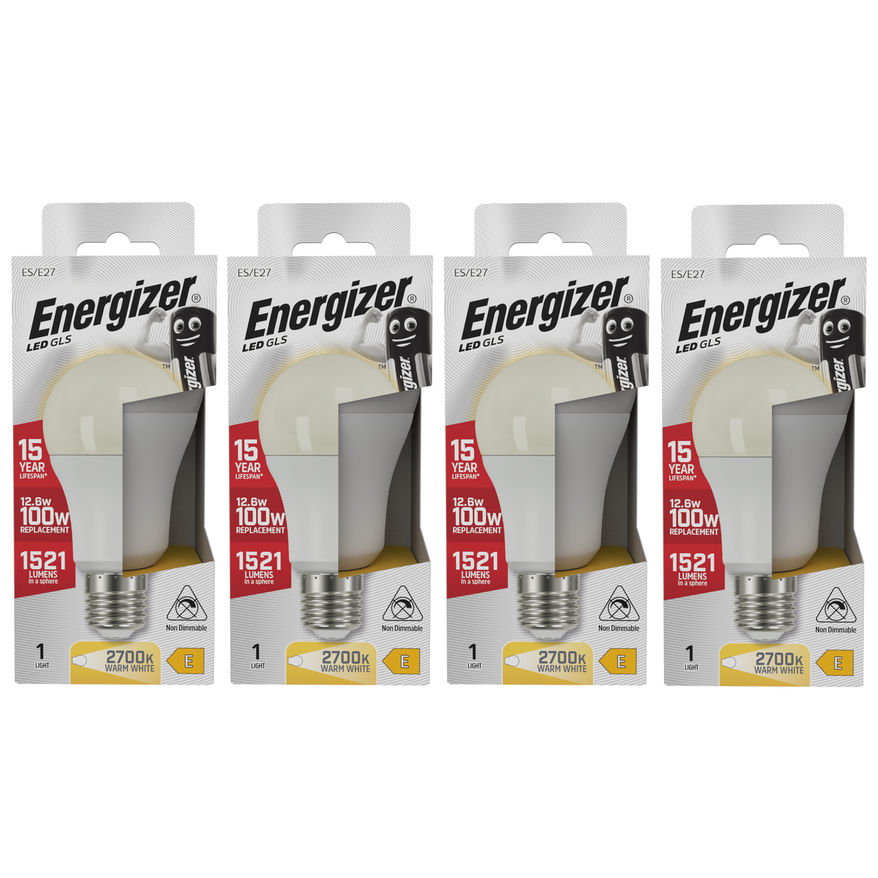 Energizer LED GLS E27 1521lm 12.6W 2700K (Warm White) Light Bulb - Pack of 4