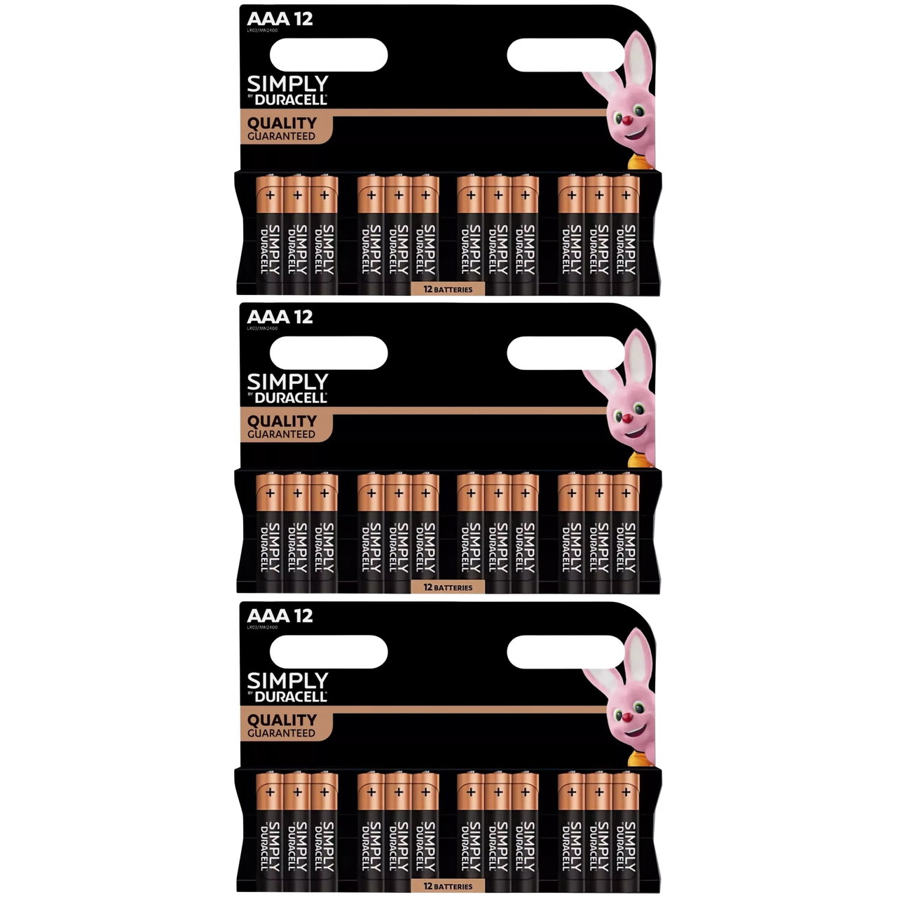 3x Duracell Simply Alkaline Power AAA Batteries, 12 Pack