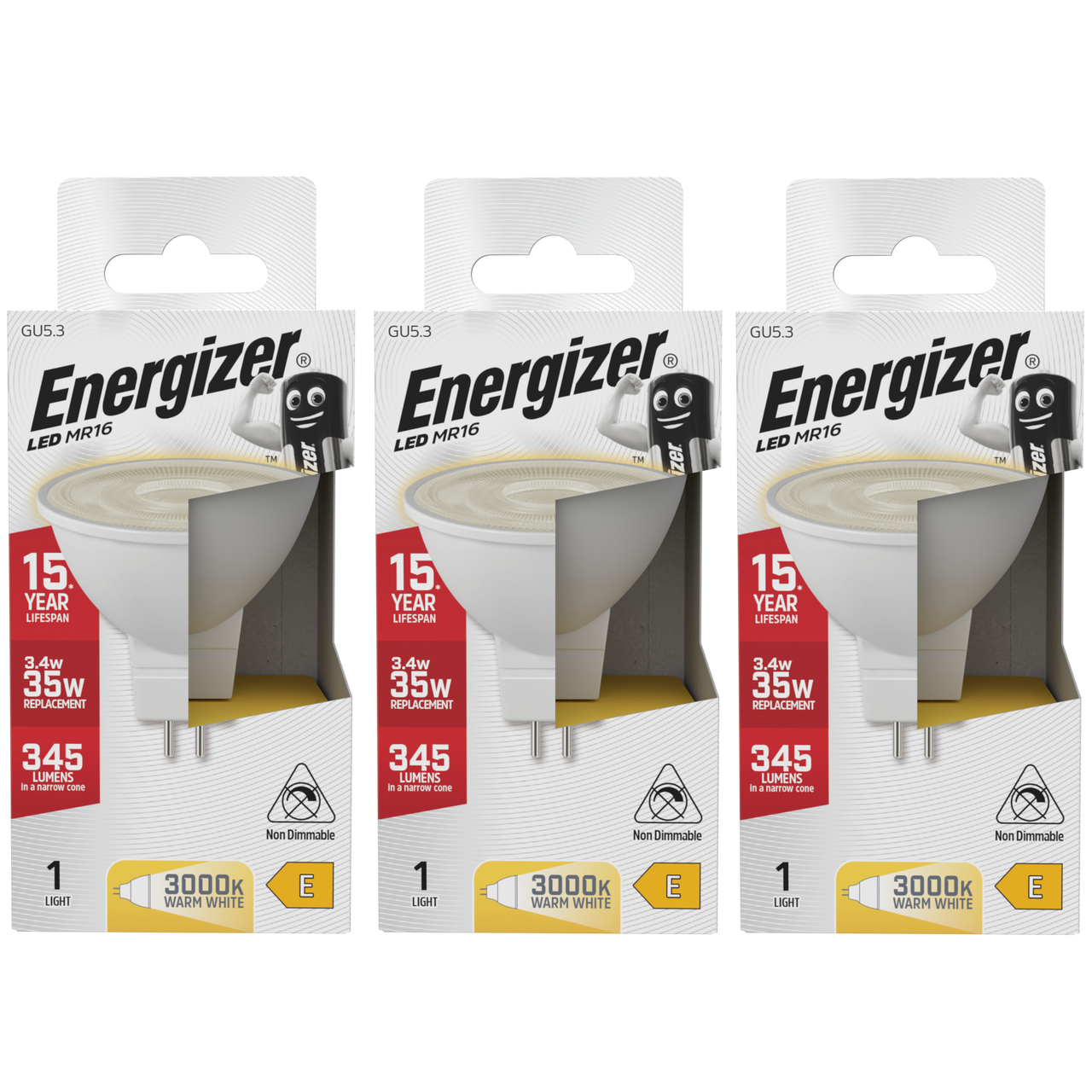 Energizer LED MR16 GU5.3 345lm 3.6W 4000K (Warm White) Light Bulb - Pack of 3