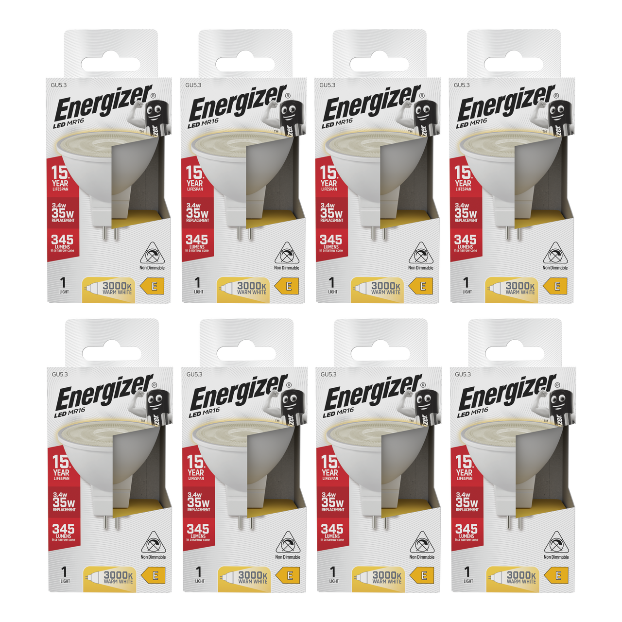 Energizer LED MR16 GU5.3 345lm 3.6W 4000K (Warm White) Light Bulb - Pack of 8
