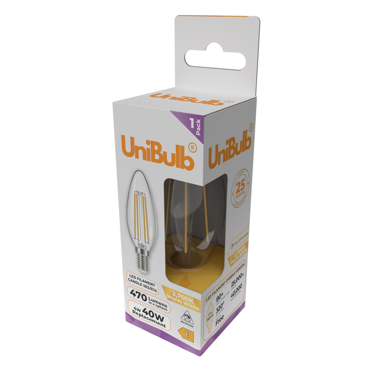 UniBulb LED Filament Candle E14 470lm 4W 2700K (Warm White) Light Bulb - Pack of 6