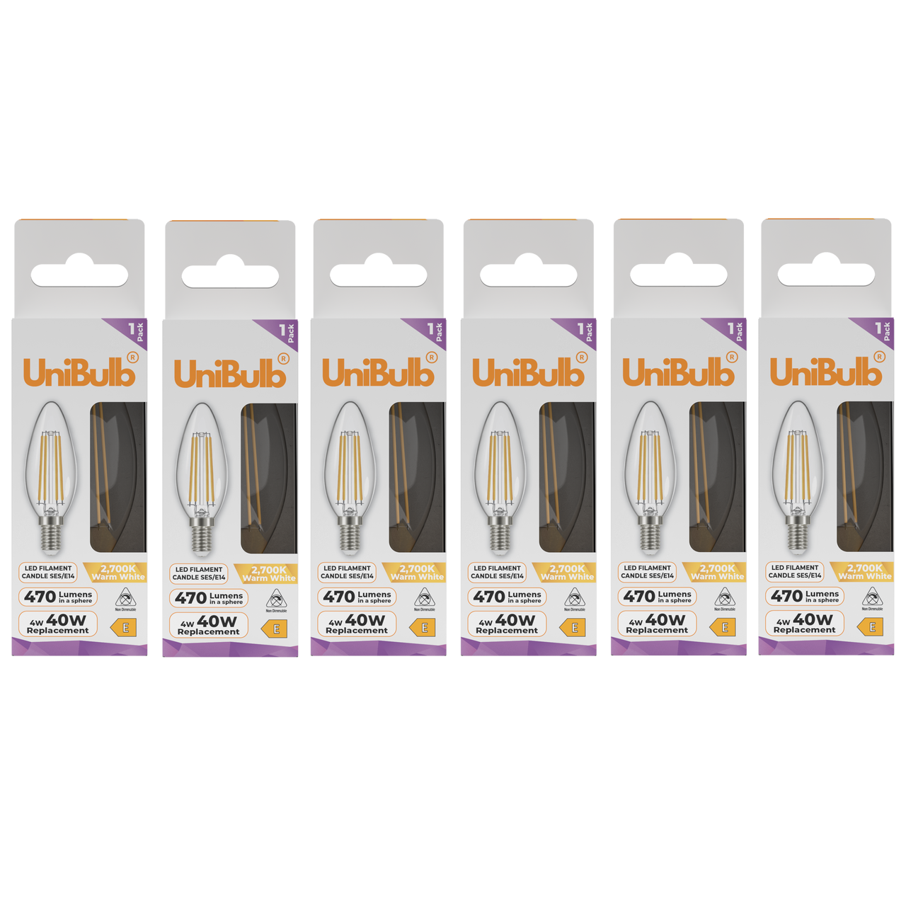 UniBulb LED Filament Candle E14 470lm 4W 2700K (Warm White) Light Bulb - Pack of 6