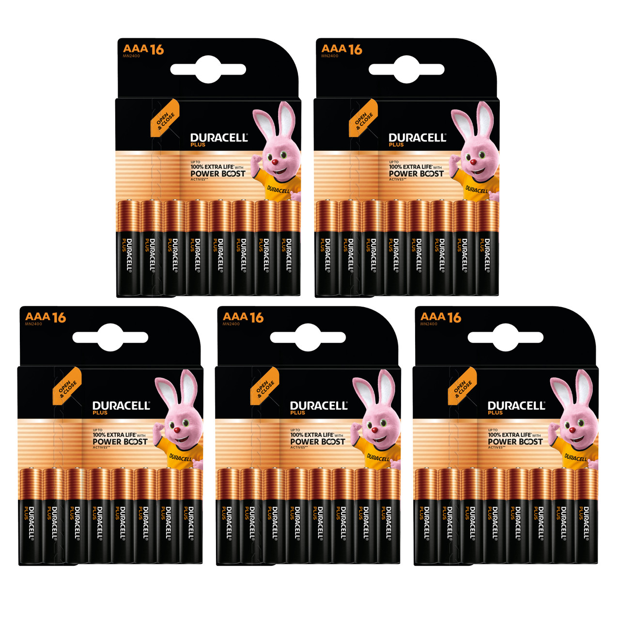 5x Duracell AAA Plus Alkaline Batteries With Power Boost Actives - Pack of 16 (80x Batteries in total)