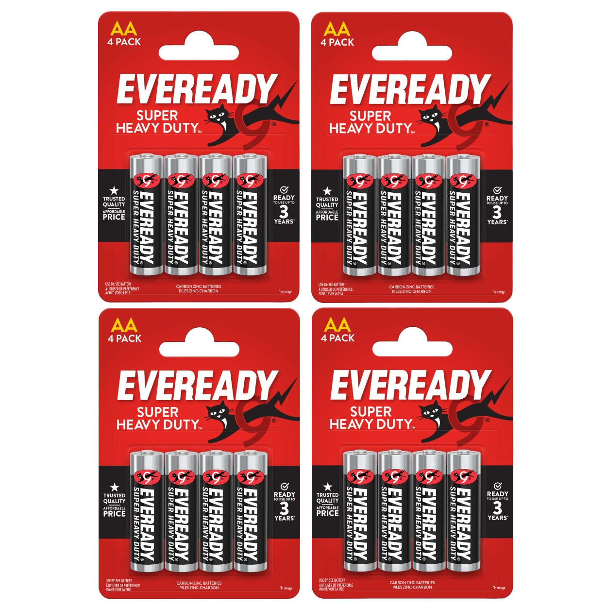 4x Eveready Super Heavy Duty AA Zinc Batteries, Pack of 4