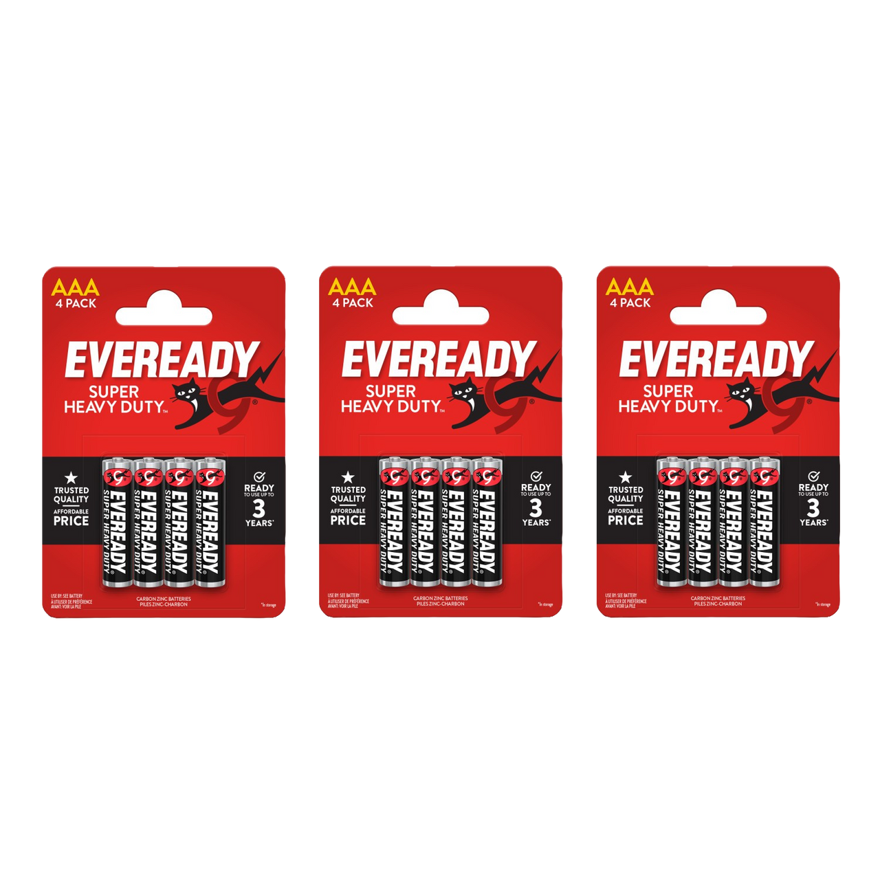 3x Eveready Super Heavy Duty AAA Zinc Batteries, Pack of 4