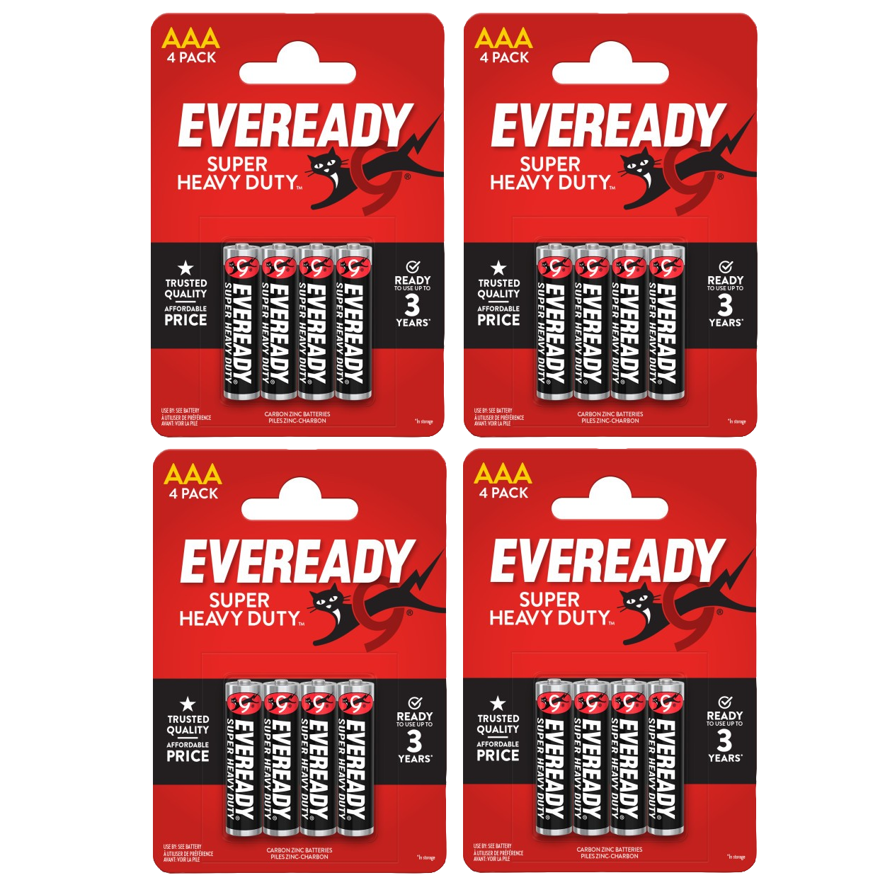4x Eveready Super Heavy Duty AAA Zinc Batteries, Pack of 4