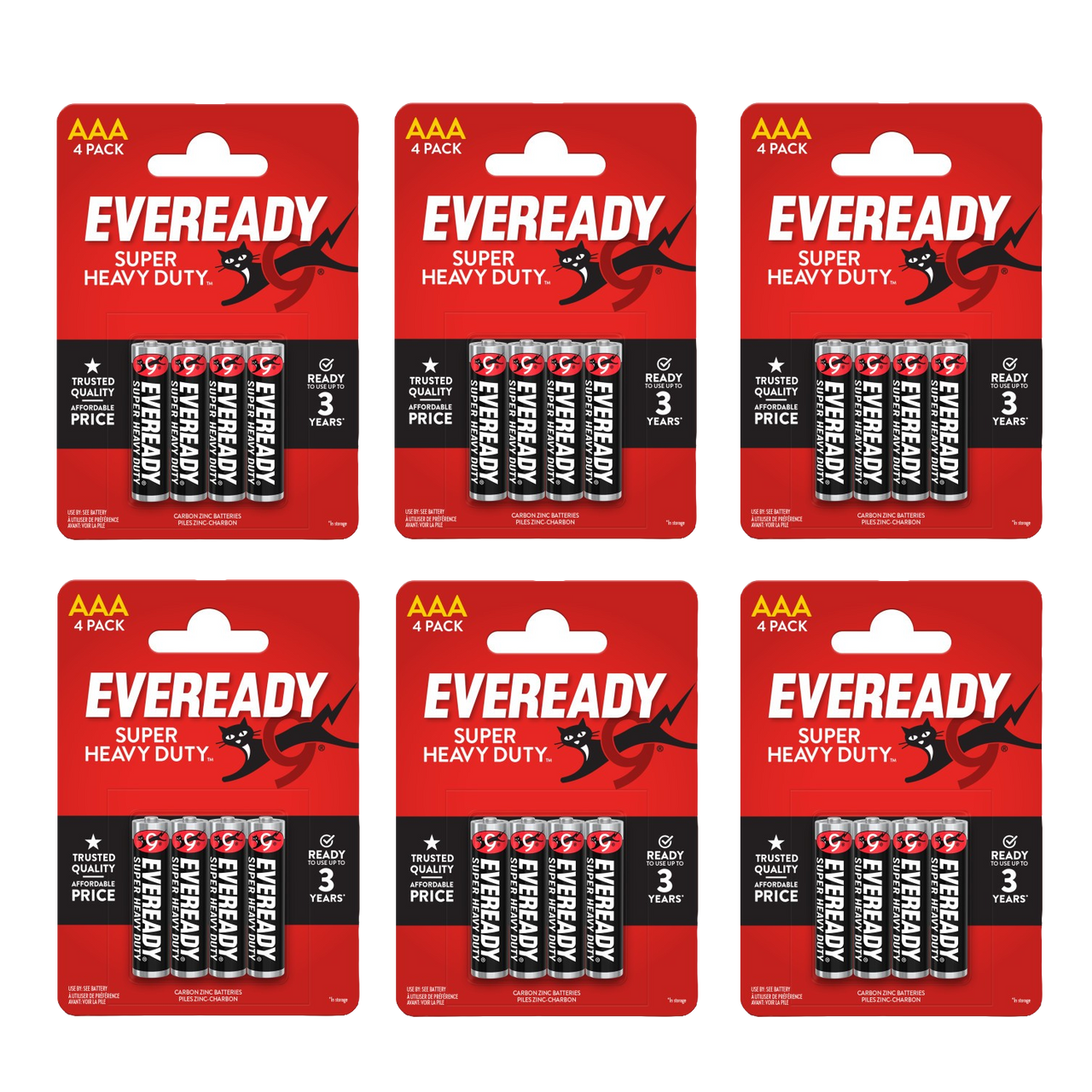 6x Eveready Super Heavy Duty AAA Zinc Batteries, Pack of 4