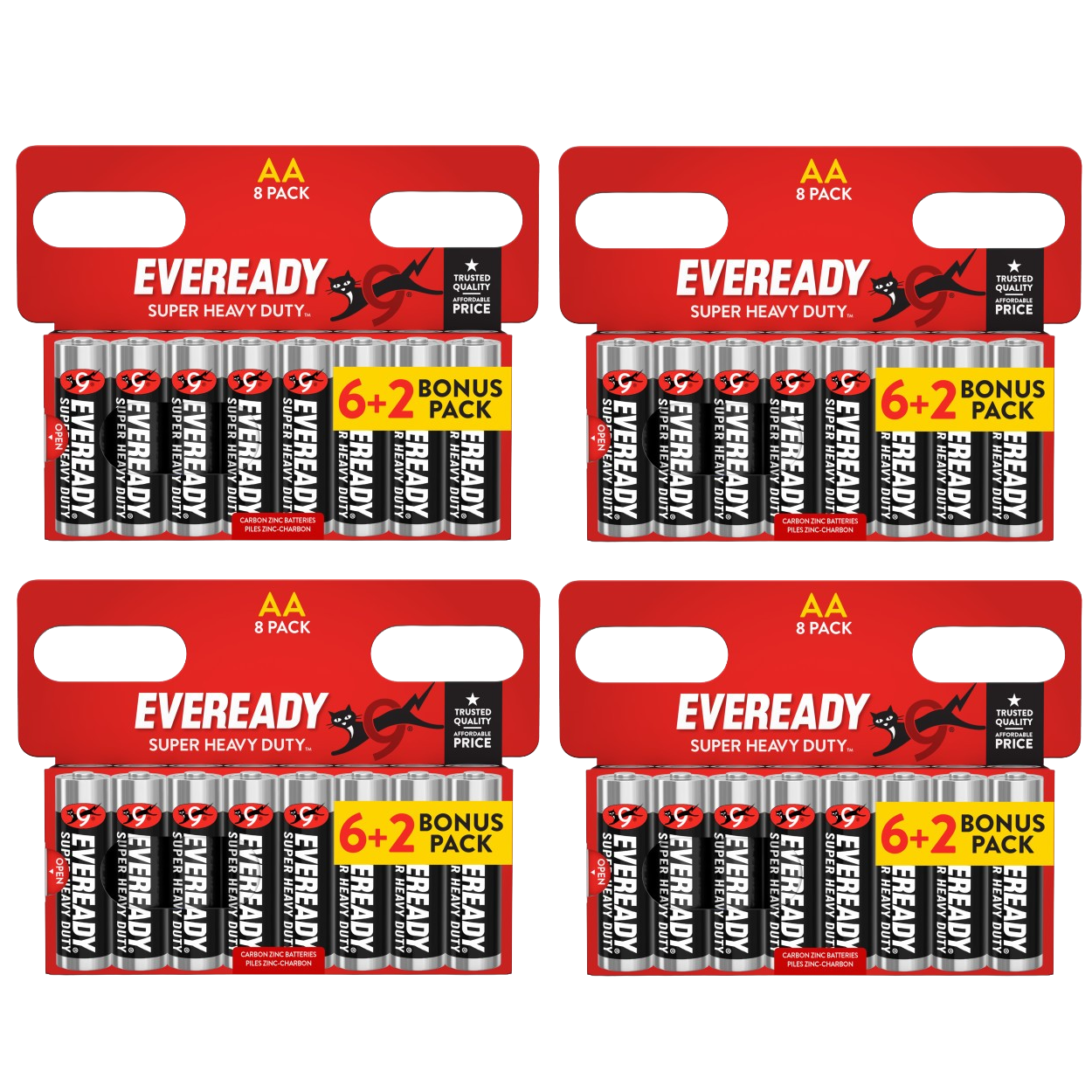 4x Eveready Super Heavy Duty AA Zinc Batteries, Pack of 8 (6+2)
