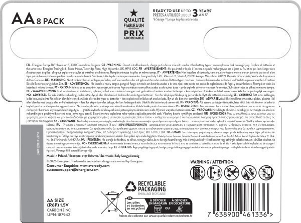 6x Eveready Super Heavy Duty AA Zinc Batteries, Pack of 8 (6+2)