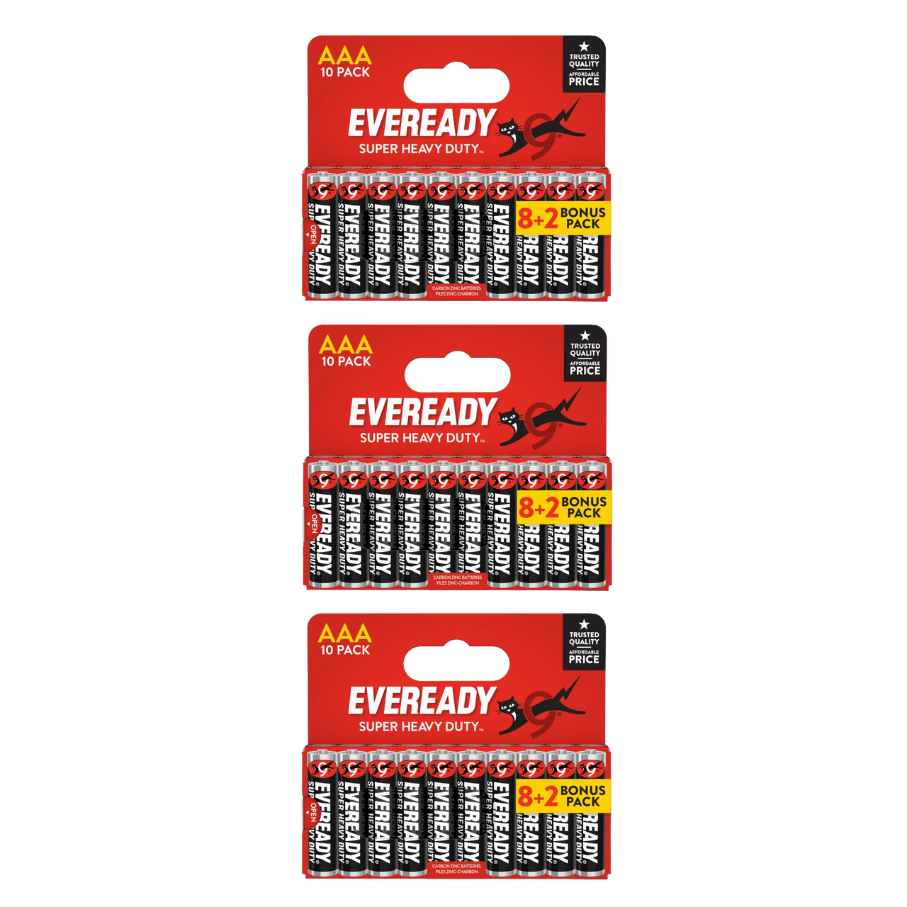 3x Eveready Super Heavy Duty AAA Zinc Batteries, Pack of 10 (8+2) 30x