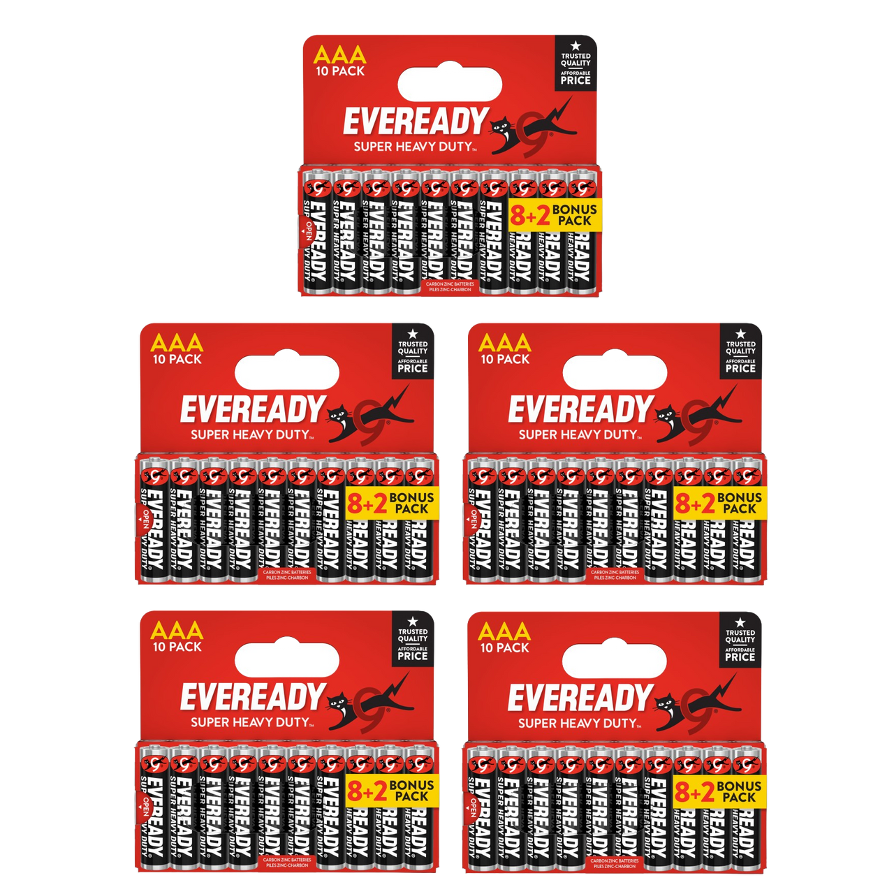 5x Eveready Super Heavy Duty AAA Zinc Batteries, Pack of 10 (8+2) 50x