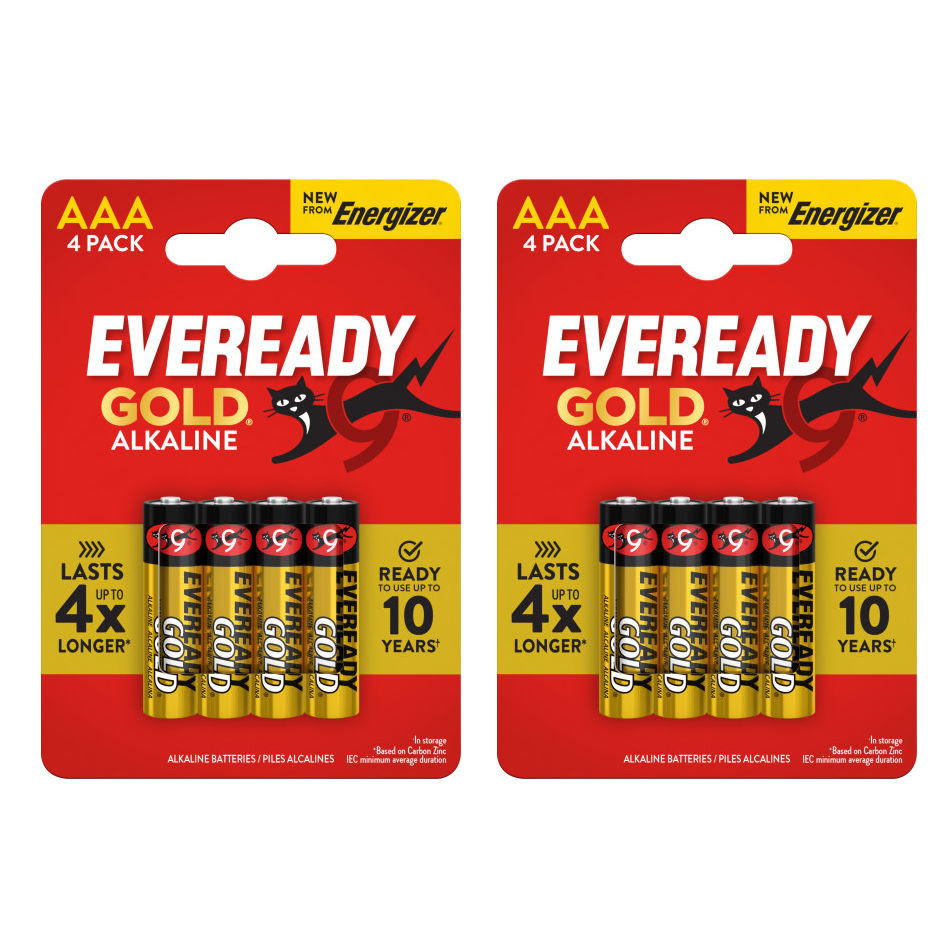 2x Eveready Gold AAA Alkaline Batteries, Pack of 4 8x batteries