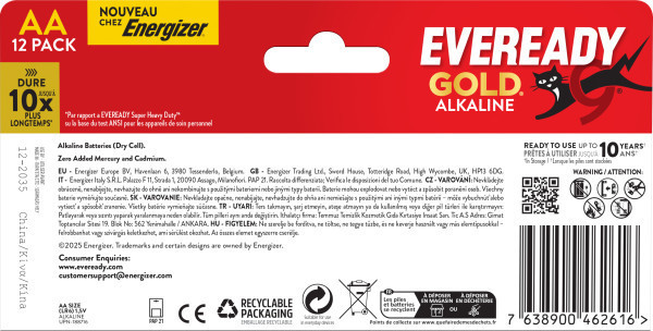2x Eveready Gold AA Alkaline Batteries, Pack of 12 rear