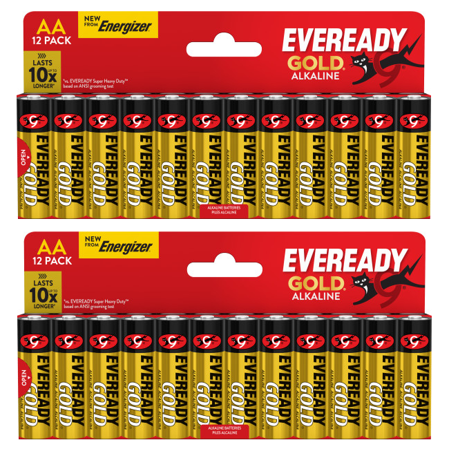 2x Eveready Gold AA Alkaline Batteries, Pack of 12 24x batteries