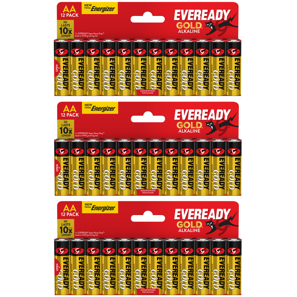 3x Eveready Gold AA Alkaline Batteries, Pack of 12 36x batteries