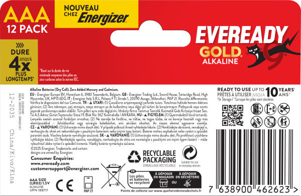 2x Eveready Gold AAA Alkaline Batteries, Pack of 12 rear