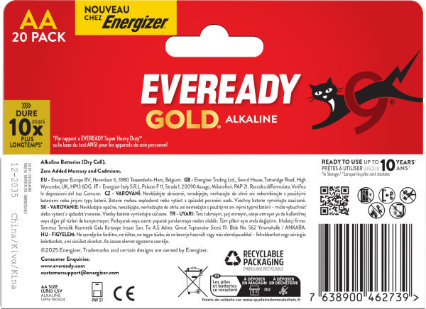 2x Eveready Gold AA Alkaline Batteries, Pack of 20 rear