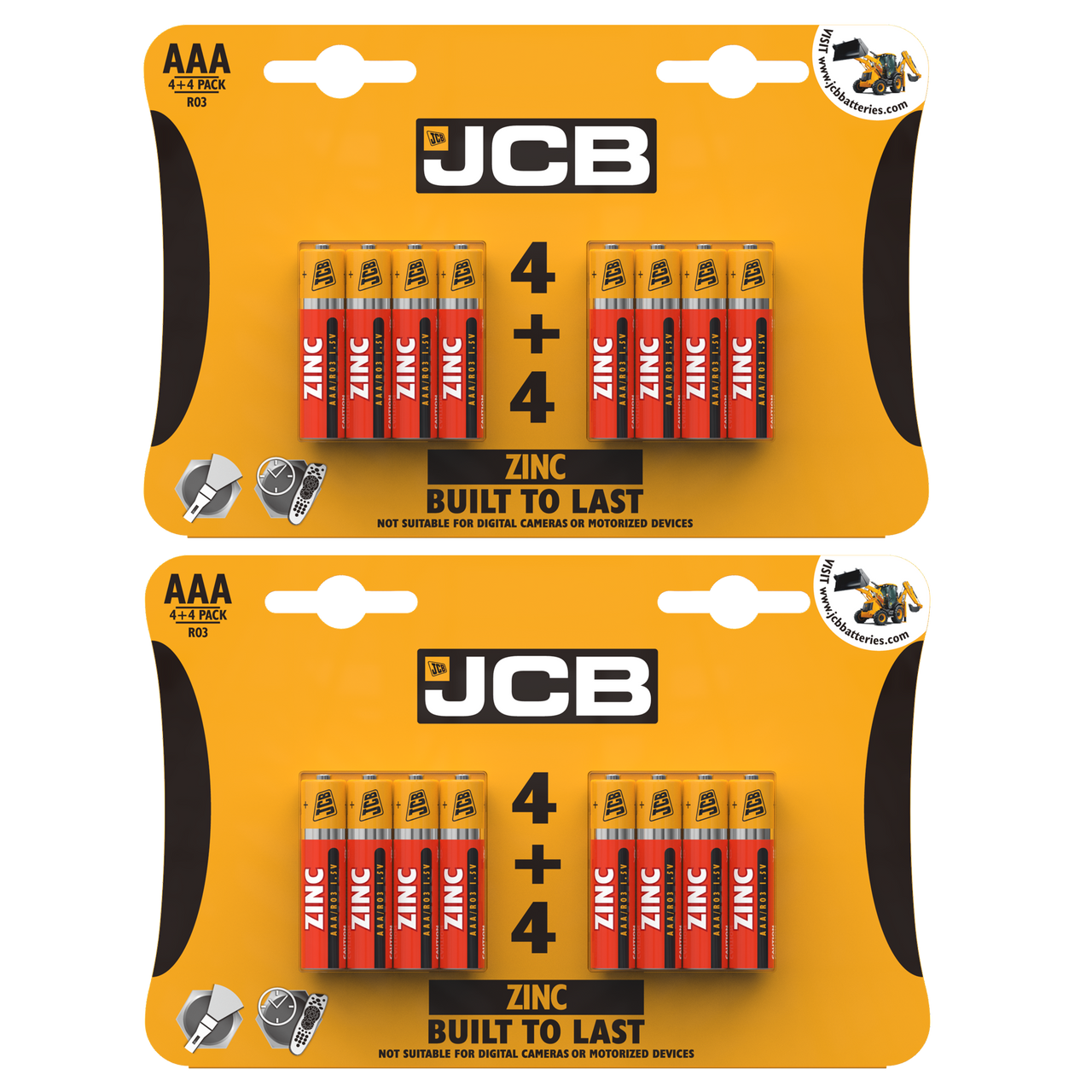 2x JCB AAA Zinc Carbon Batteries - Pack of 4+4 (16x Batteries in total)