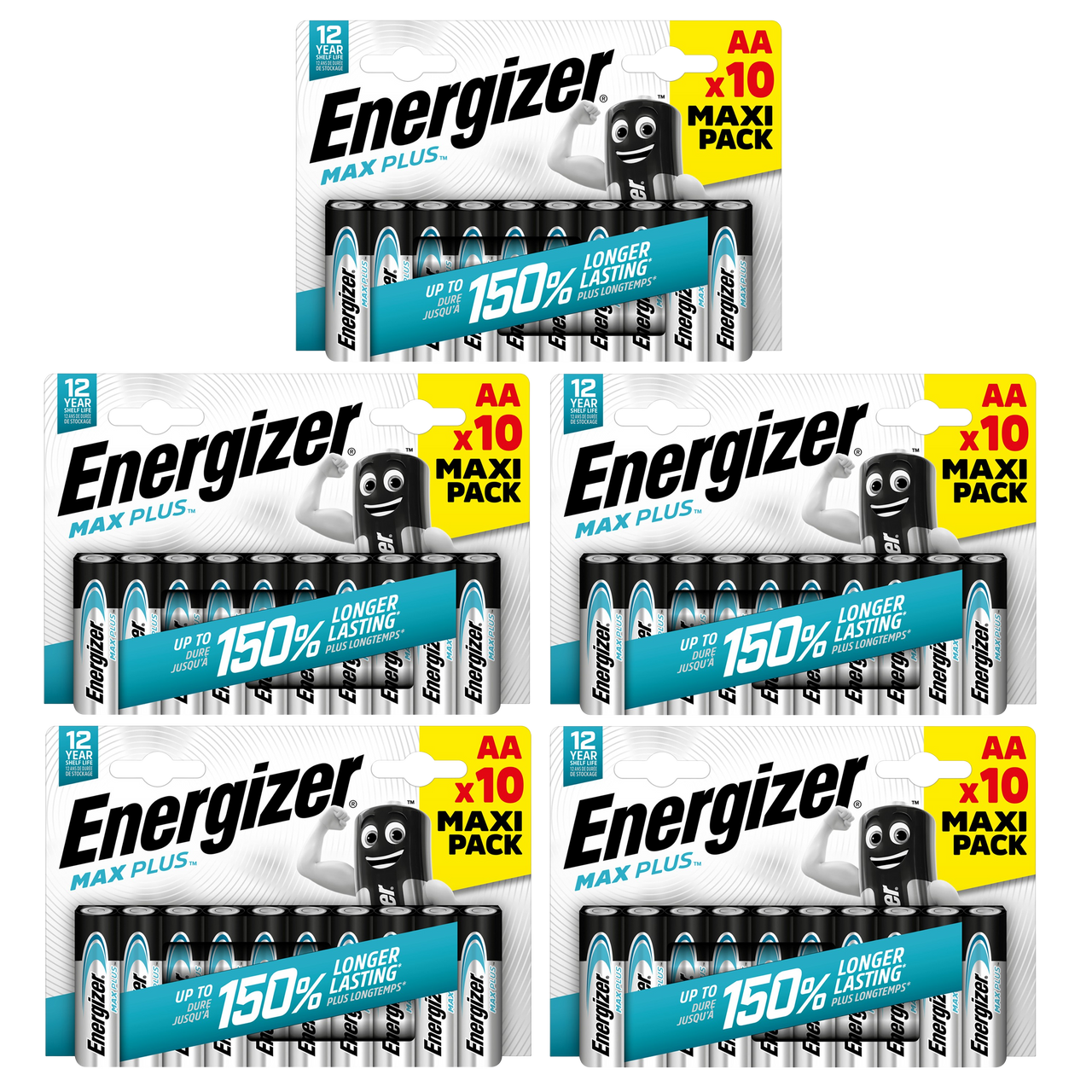 5x Energizer AA Max Plus Alkaline Batteries - Pack of 10 (50x batteries)
