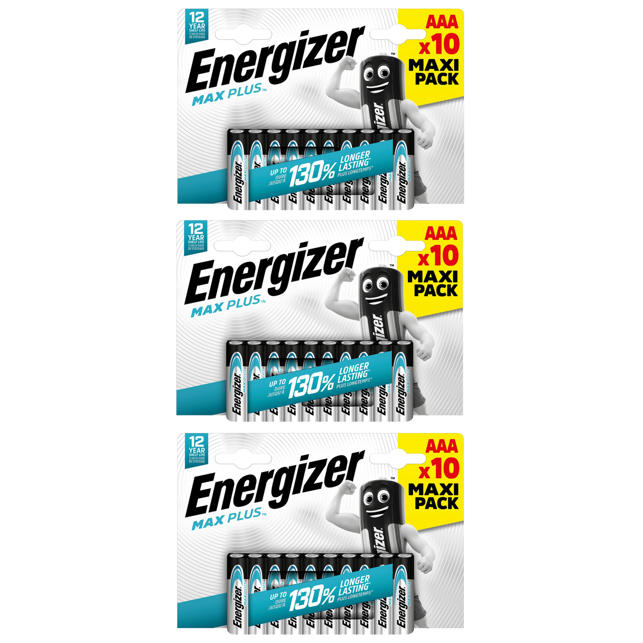 3x Energizer AAA Max Plus Alkaline Batteries - Pack of 10 (30x batteries)