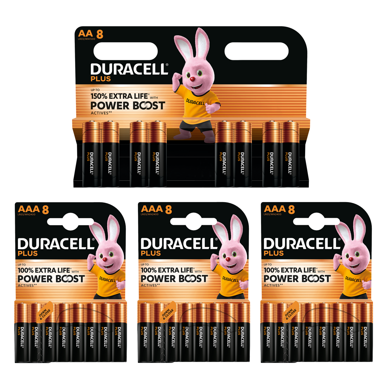 Duracell Plus With Power Boost Actives Alkaline Batteries - Pack of 32 (8x AA & 24x AAA)