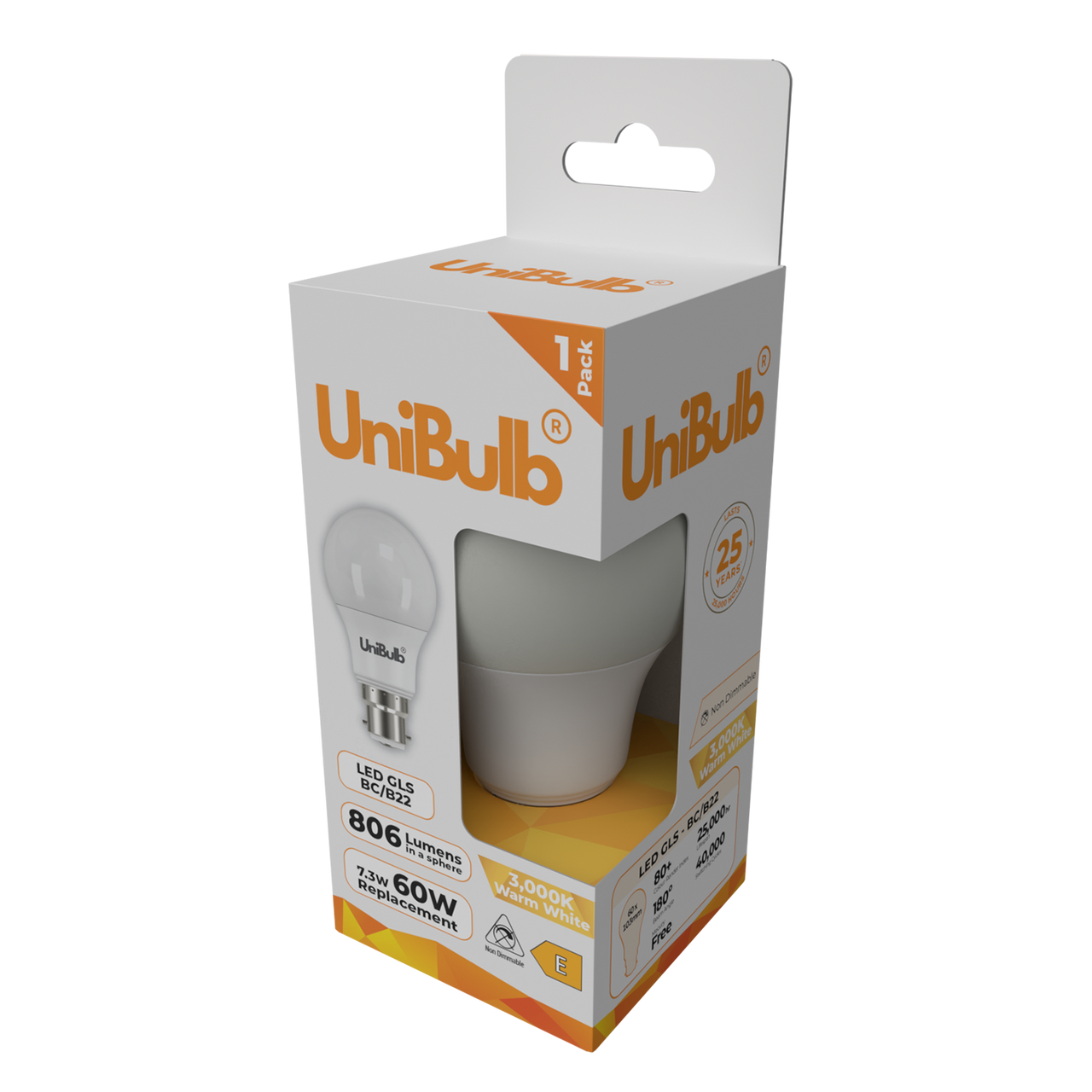 Energizer LED GLS B22 806lm 7.3W 3000K (Warm White) Light bulb - Pack of 8 side