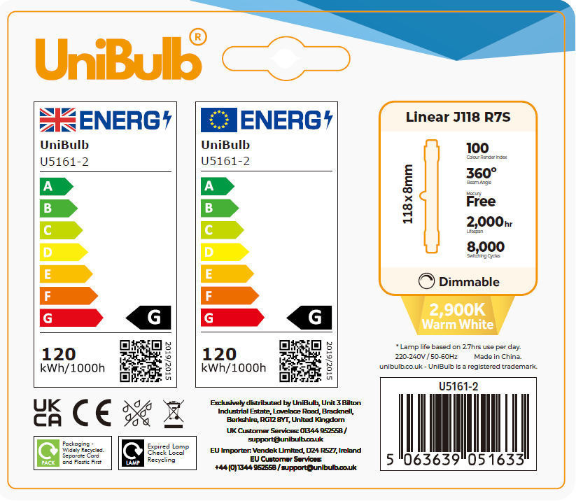 Energizer Halogen R7S Linear 2250lm 120W 2900K (Warm White) Dimmable - Pack of 8 S5160 rating 118mm Floodlight security Bulb rear