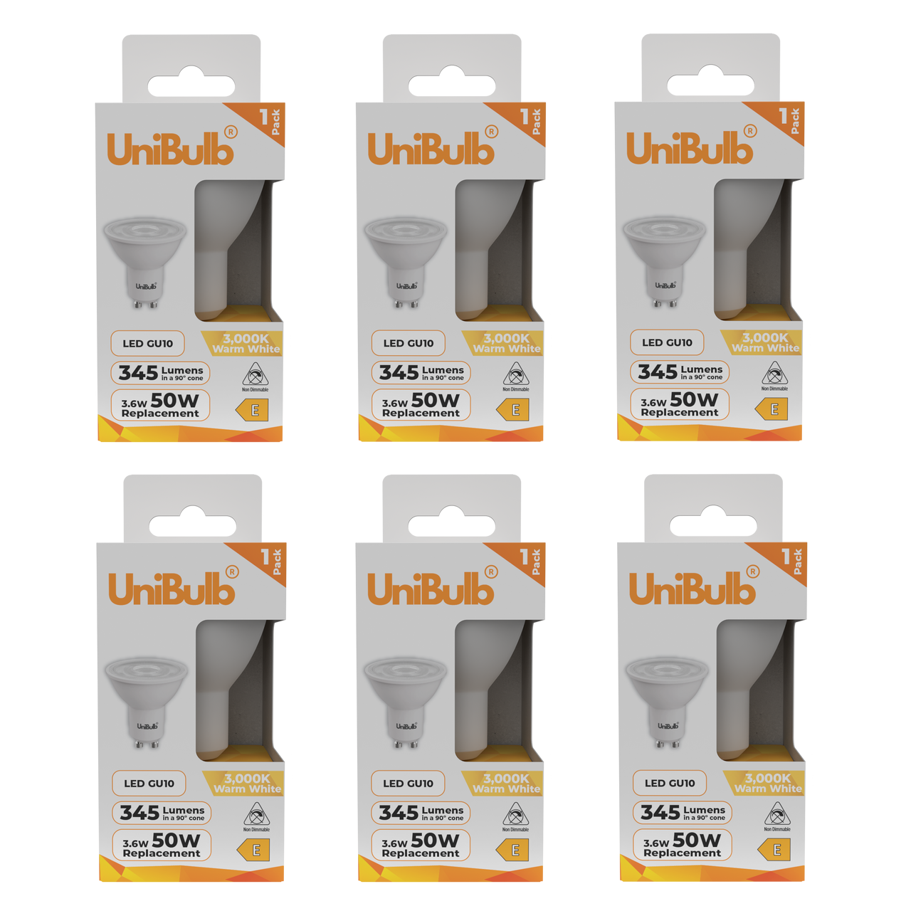UniBulb LED GU10 345lm 3.6W 3000K (Warm White) Light bulb - Pack of 6 front