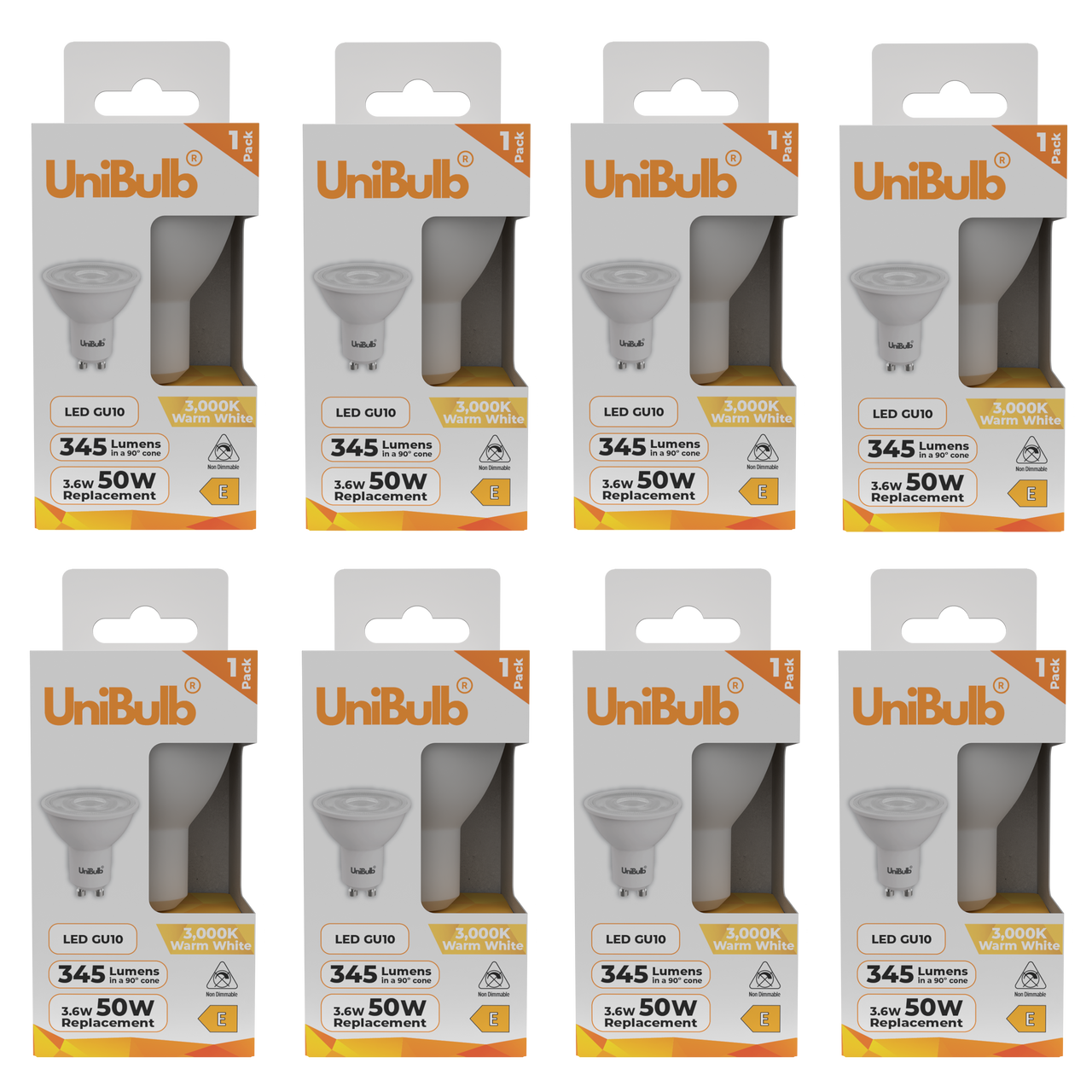 UniBulb LED GU10 345lm 3.6W 3000K (Warm White) Light bulb - Pack of 8 front