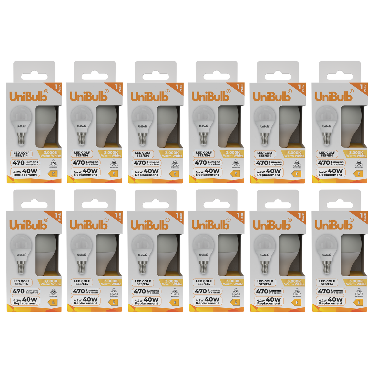 UniBulb LED Golf Ball E14 470lm 4.2W 3000K (Warm White) Light Bulb - Pack of 12 front