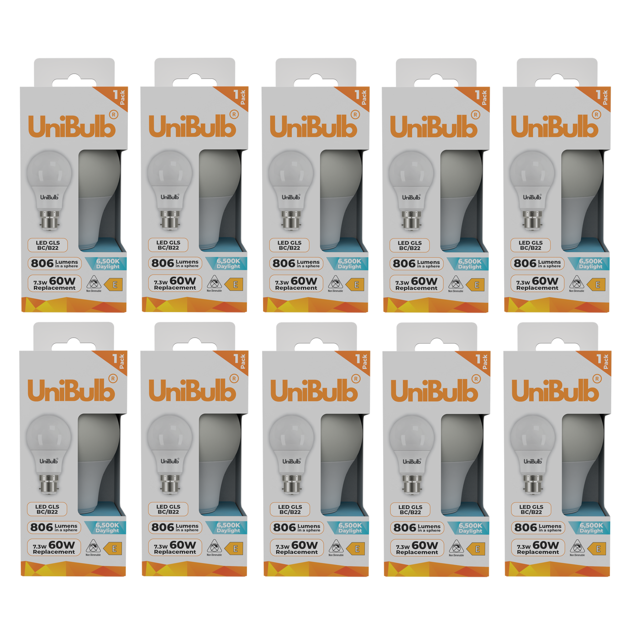 UniBulb LED GLS B22 806lm 7.3W 6500K (Daylight) Light Bulb - Pack of 10 front