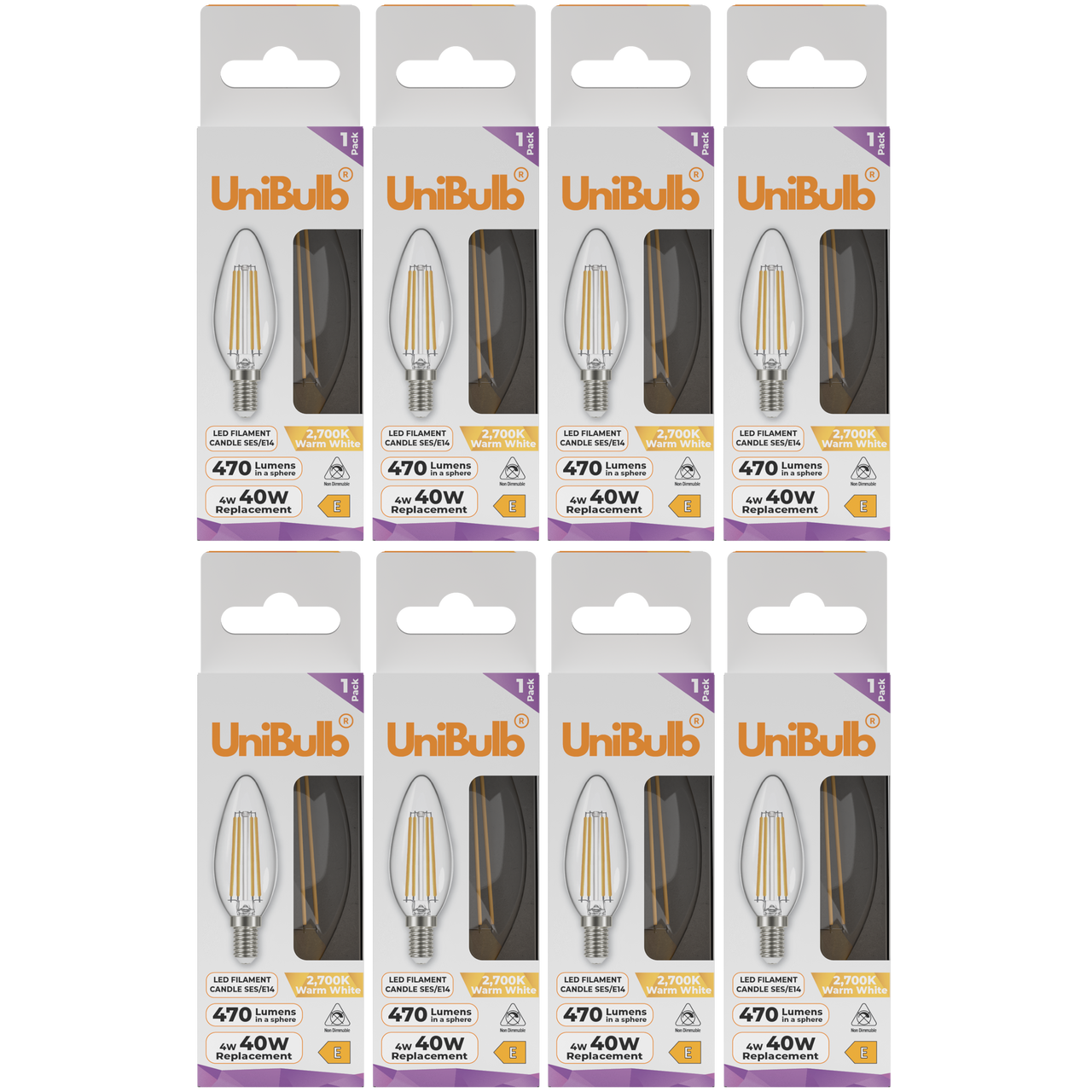 UniBulb LED Filament Candle E14 470lm 4W 2700K (Warm White) Light Bulb - Pack of 8