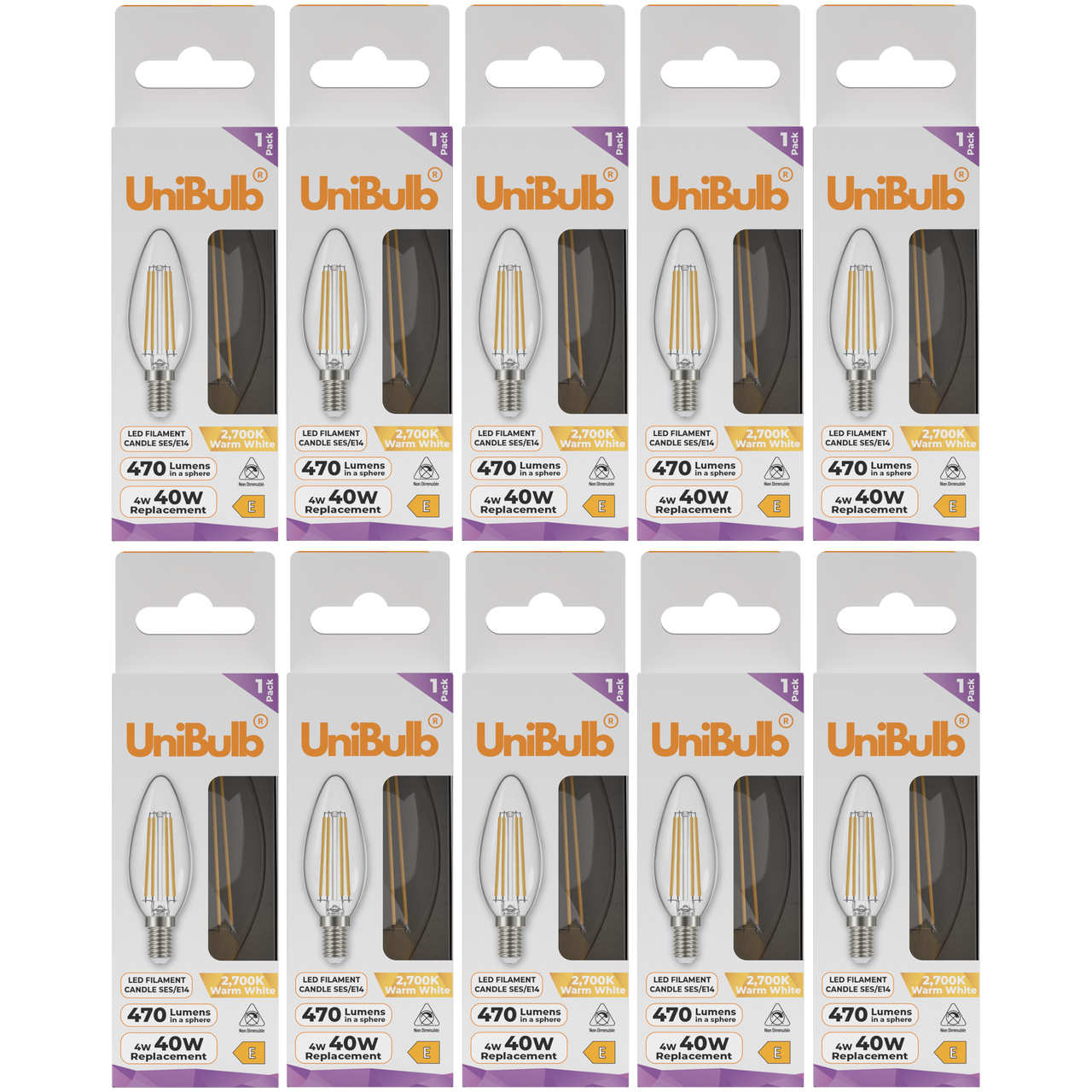 UniBulb LED Filament Candle E14 470lm 4W 2700K (Warm White) Light Bulb - Pack of 10